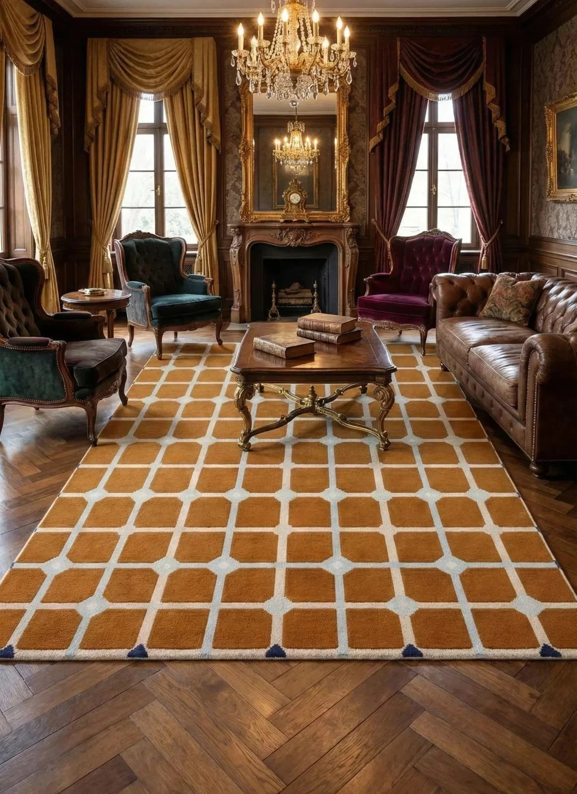 Modern Geometric Grid Wool Rug – Burnt Orange & Ivory Hand-Tufted Plush Area Rug