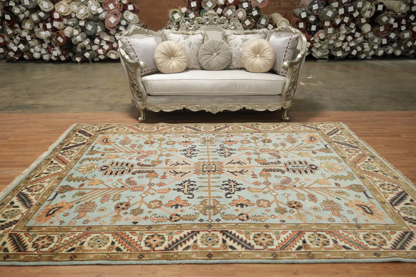 Luxurious All-Over 8×10 Ziegler Style Light Blue with Floral Pattern Area Rug