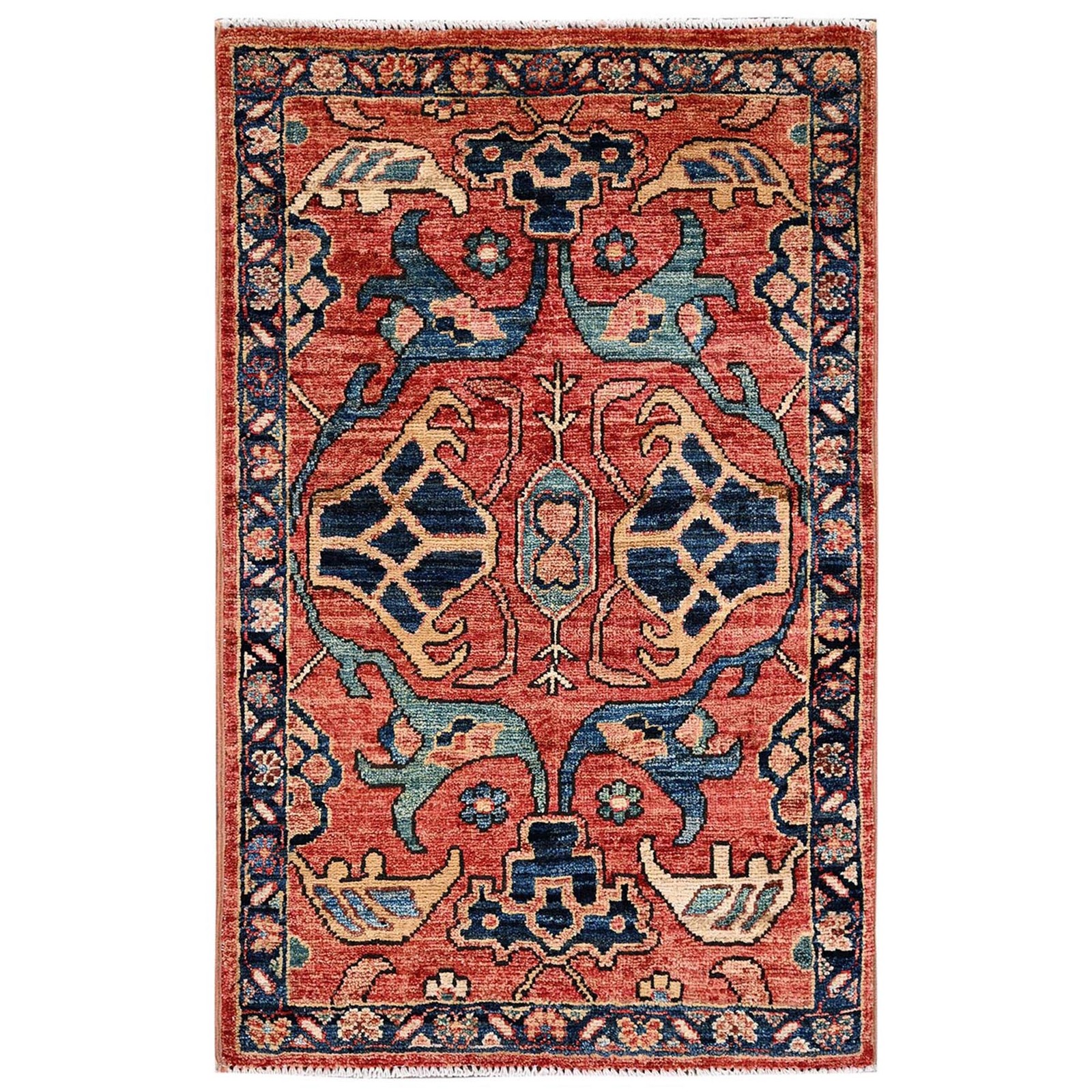 2’x3′ Coral Red Bijar Garus Design Soft Wool Hand Knotted Mat Oriental Rug 2397