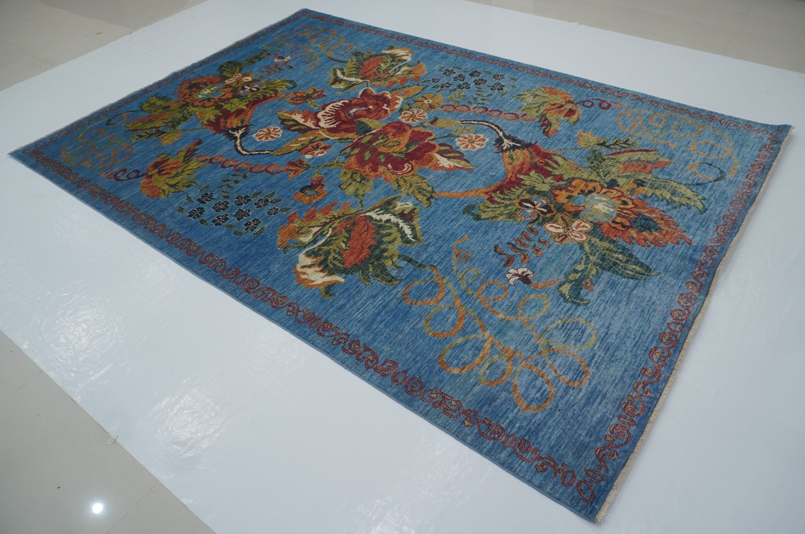 7×10 ft Blue Floral Afghan Hand Knotted Wool Area Rug