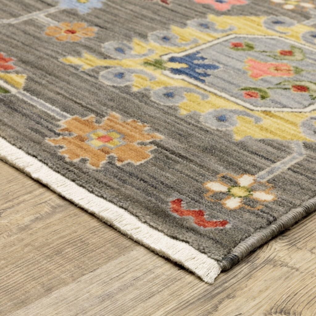 2′ X 6′ Grey Charcoal Yellow Blue Rust Red Pink Green And Ivory Oriental Power