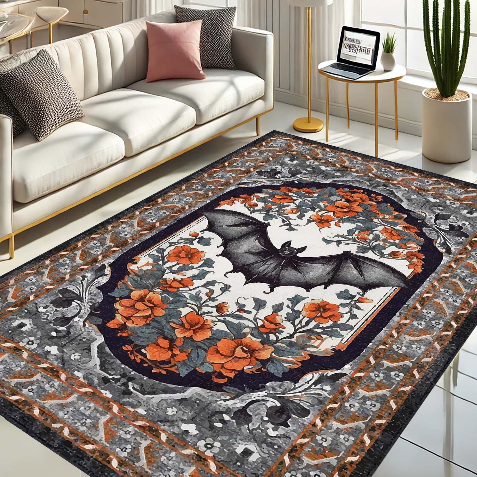 Gothic Rug, Bat Carpet, Halloween Decor, Victorian Style Rug, Witchy Home, Dark