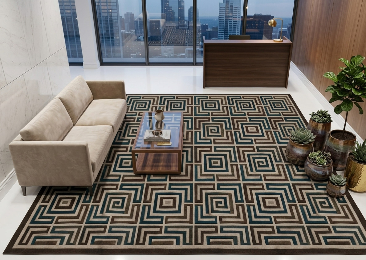 Hand Tufted Wool Labyrinth Rug | Blue Brown Ivory Geometric Maze Carpet
