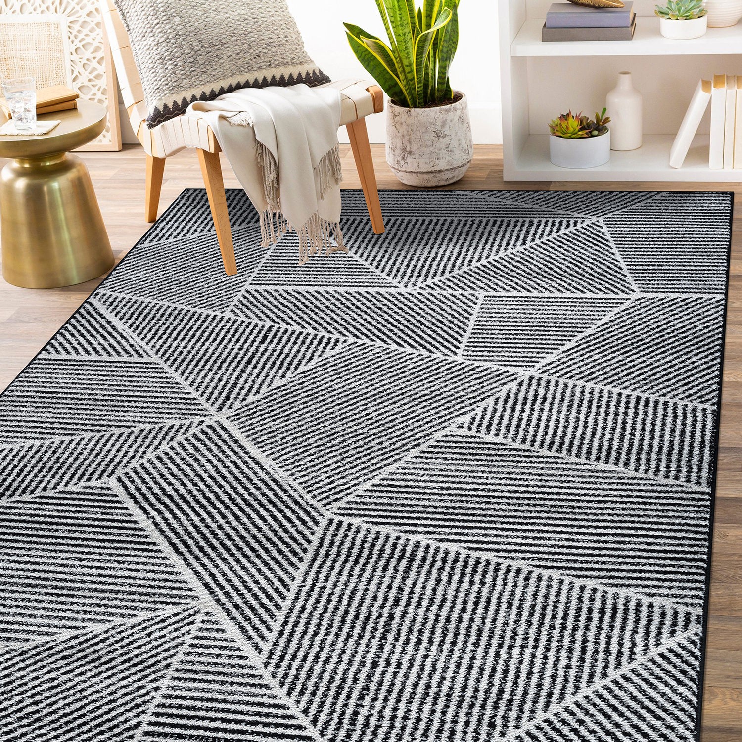 Rugshop Area Rug Contemporary Geometric Stripe Living Room Rugs Black Rugs 5×7