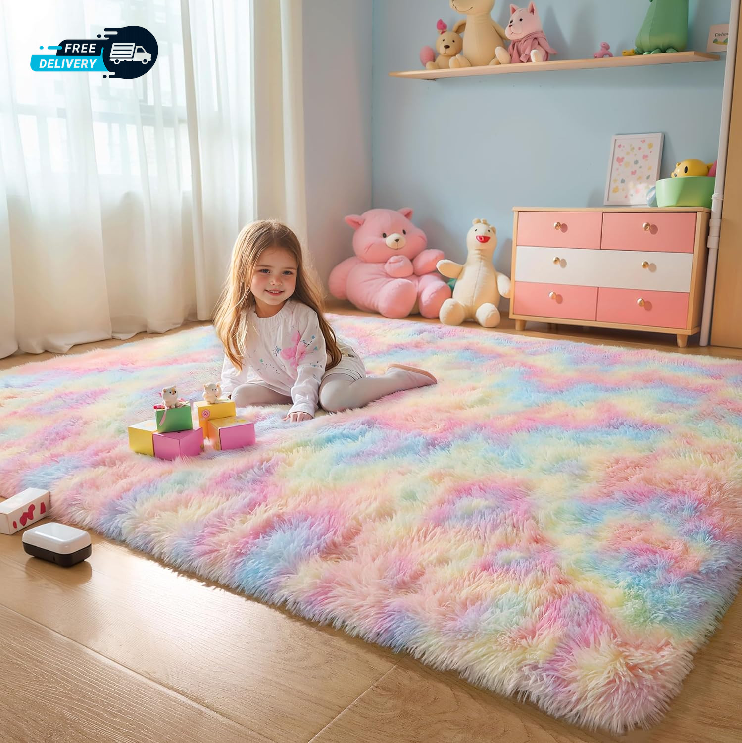 Washable 4X6 Rainbow Fluffy Shaggy Area Rugs Kawaii Princess Soft Plush Carpet