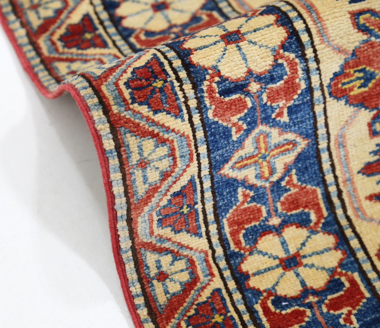 8×10.6 ft Hand Knotted Tribal Rug in Red, Ivory and Blue. Traditional Carpet