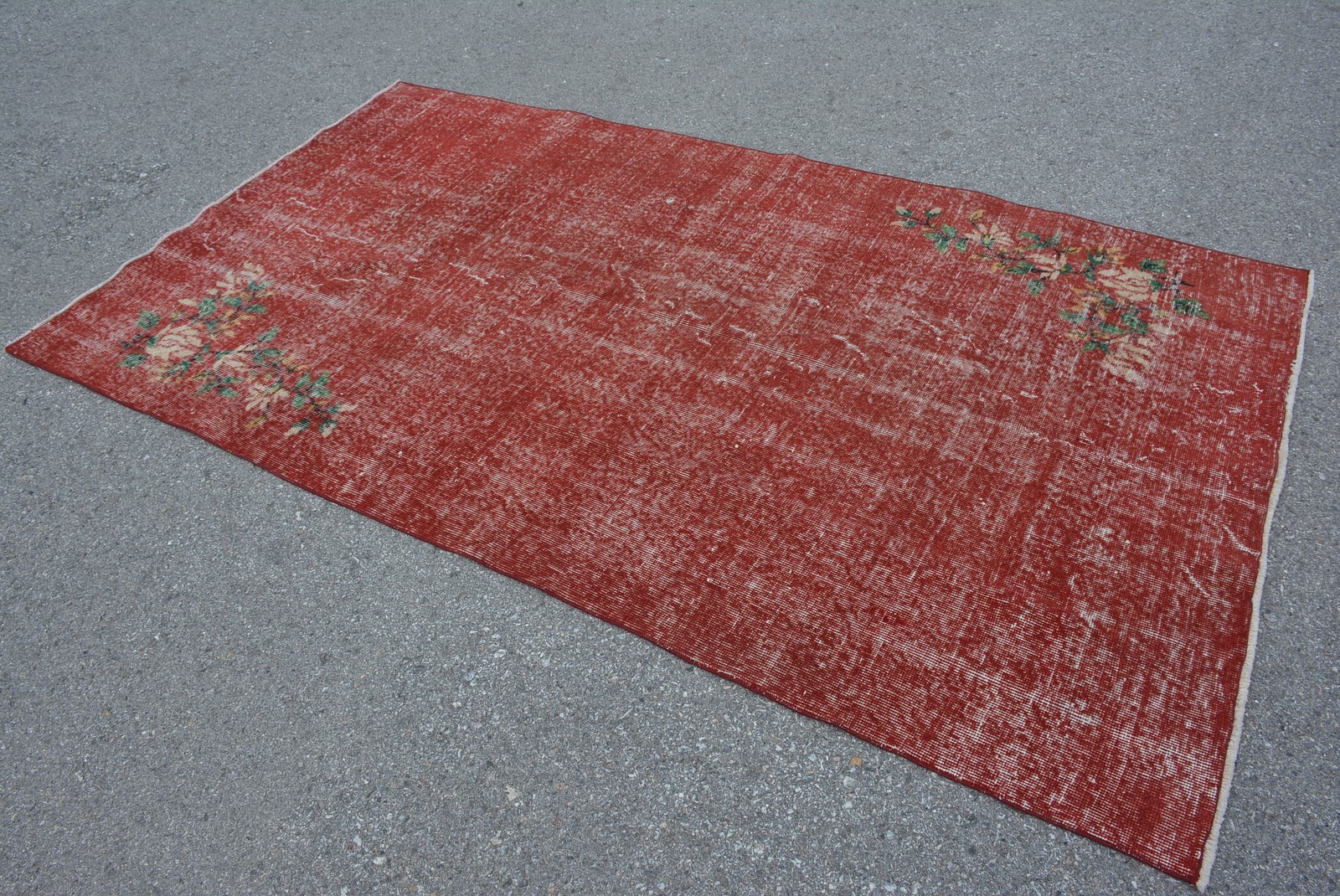 Vintage Area Rug 4,3×7,5 ft, Red Green Abstract Rug Wool