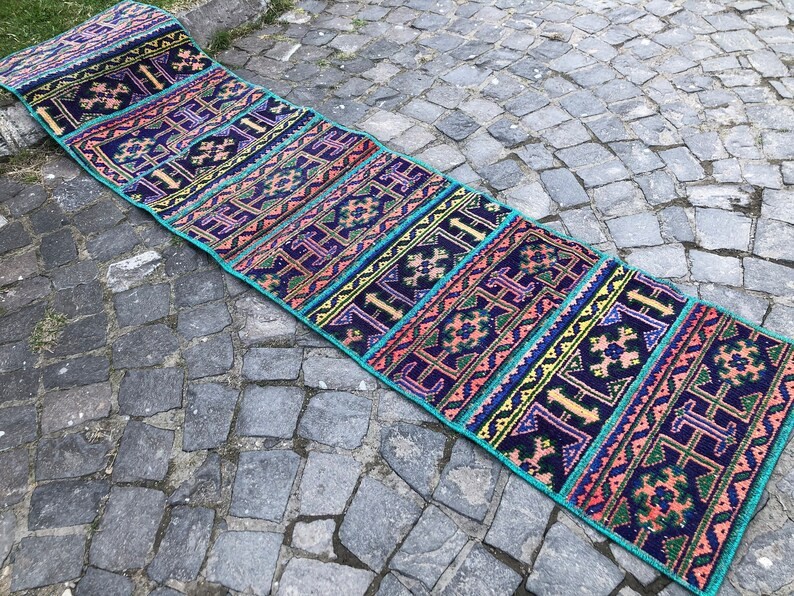 Türkish Vintage Patchwork Runner Bohemian Purple Rug 1.9 X 7.8 Ft