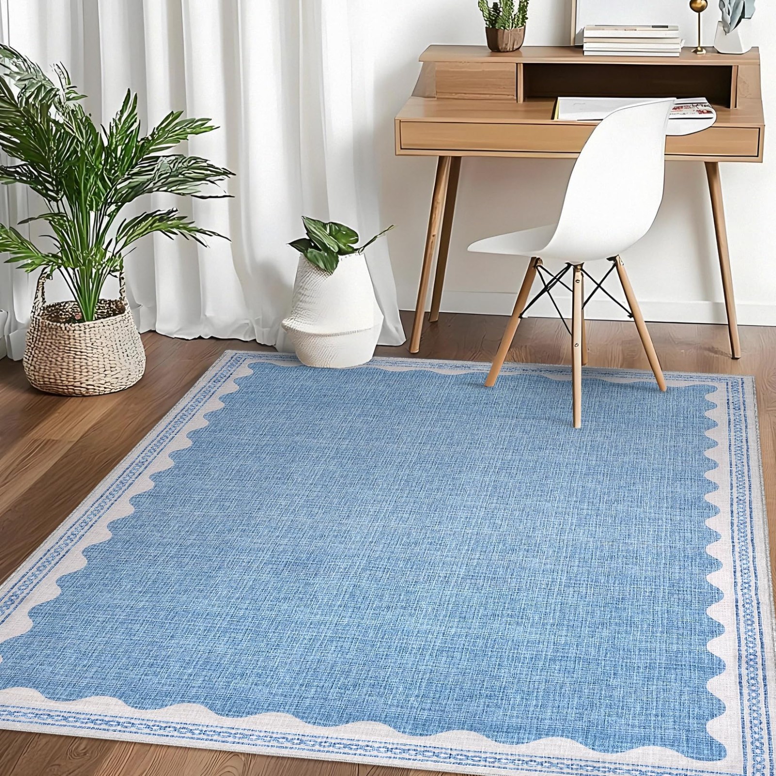 5×7 Scalloped Washable Area Rug – Soft Non-Slip Carpet for Living Room, Bedroom