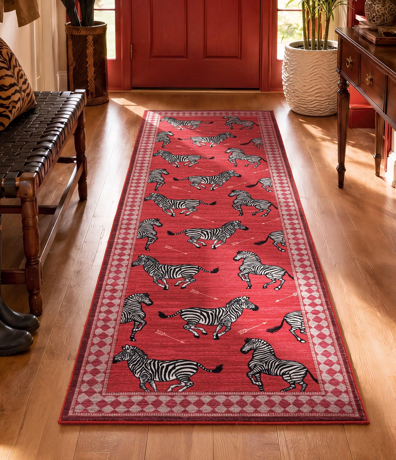 Zebra Hallway Runner Rug 2×6, Washable Animal Print Rug with Checkered Border…