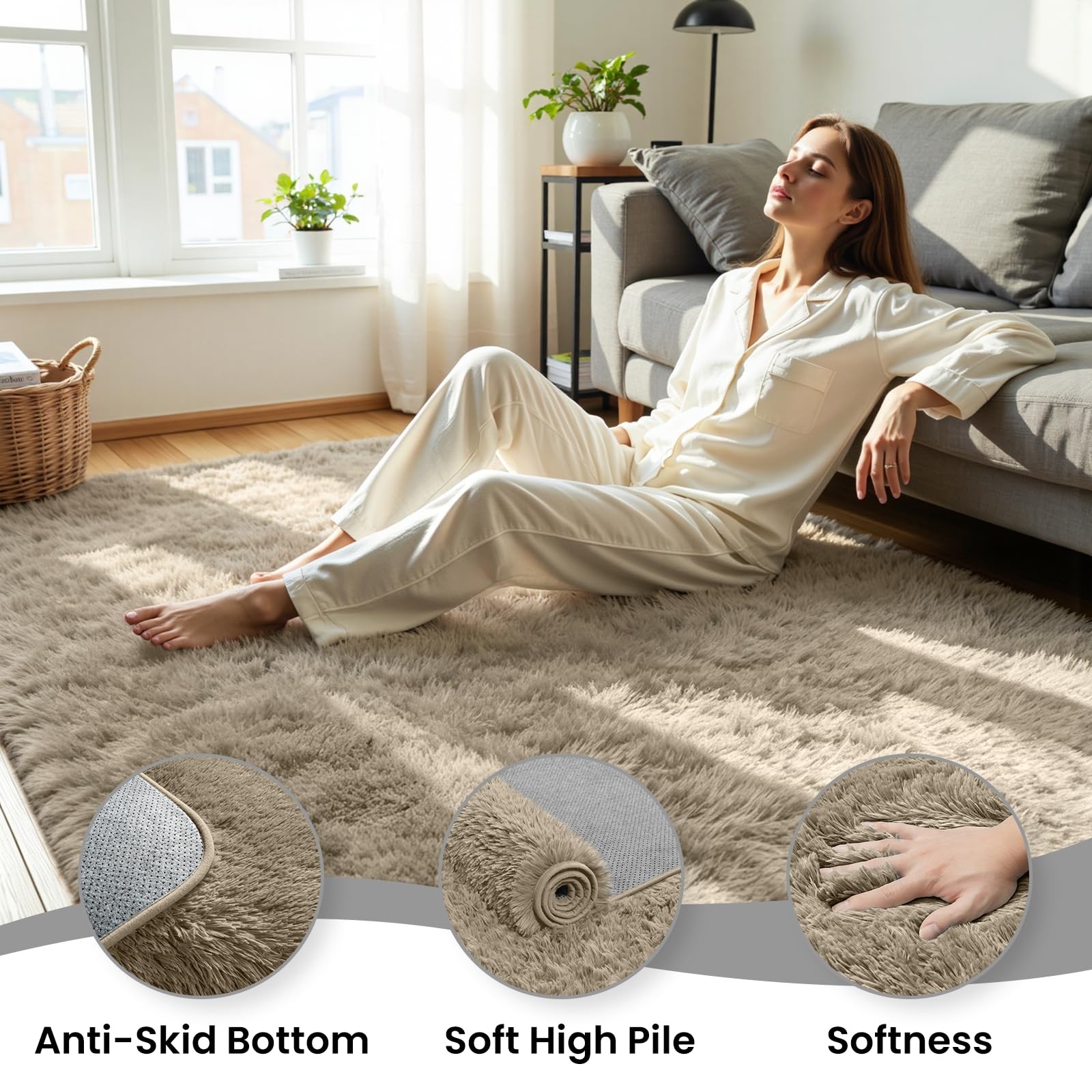 8×10 Area Rug for Living Room, Ultra Soft Fluffy Grey Camel Rugs for Bedroom,…