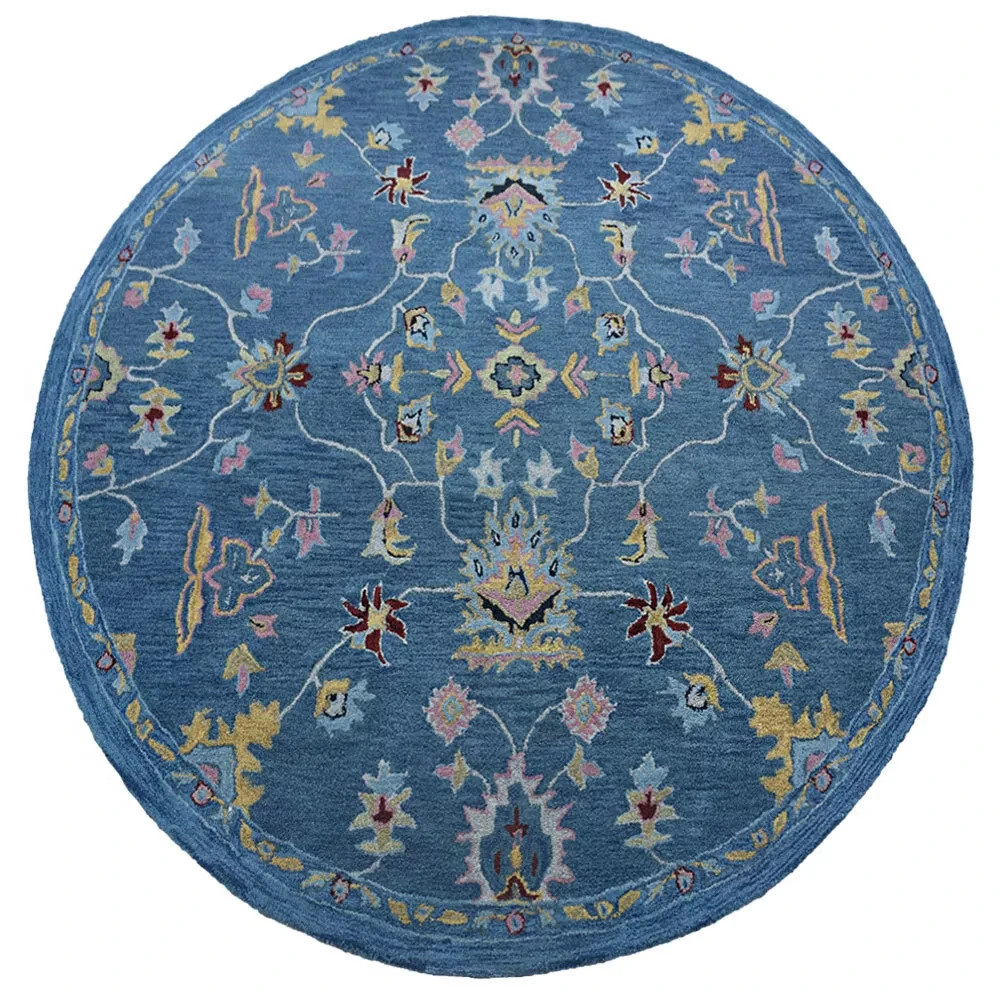 Hand Tufted Wool 8’x8′ Round Area Rug Floral Light Blue