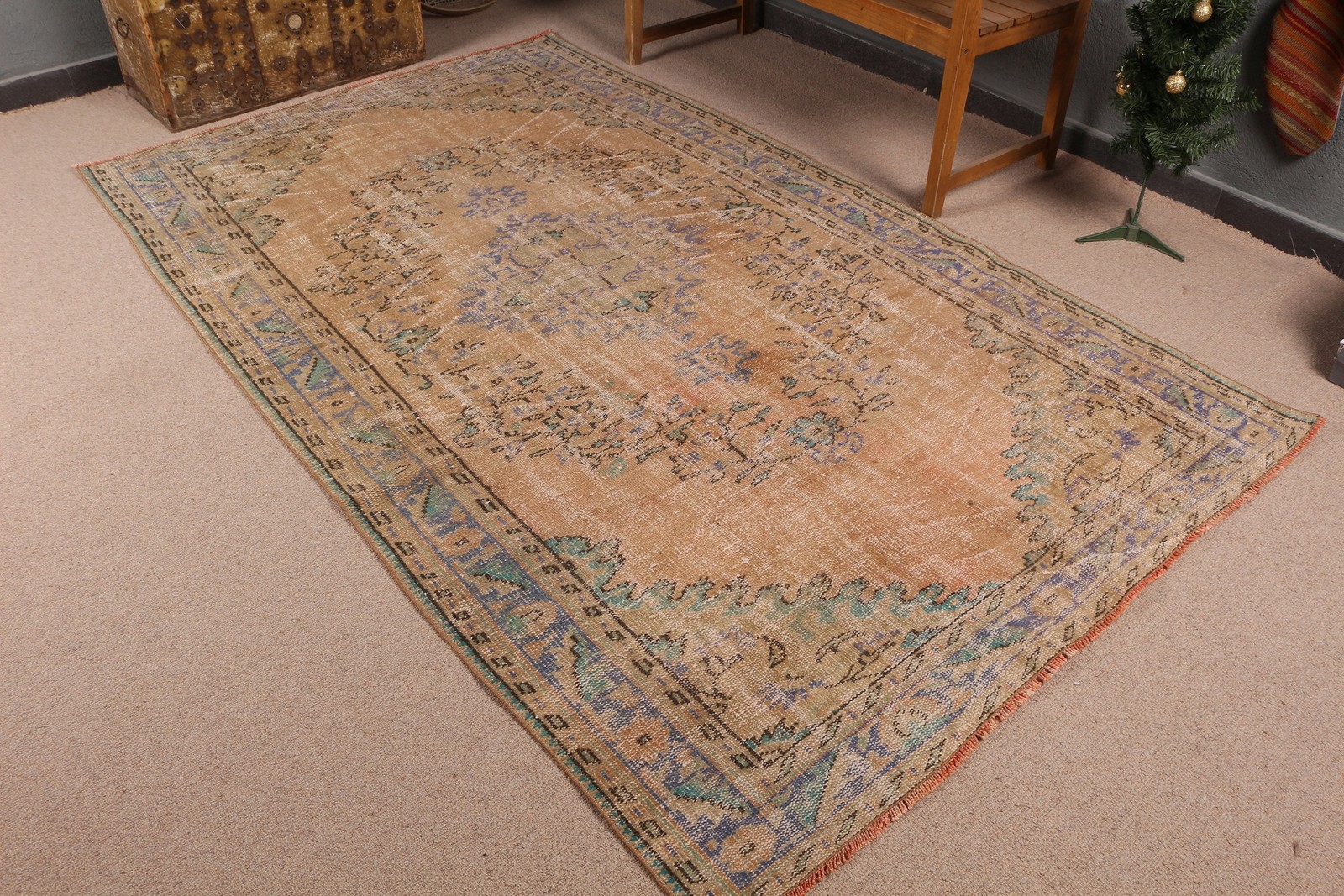 5×8,5 ft Turkish Rug, Brown Camouflage Vintage Wool Rug