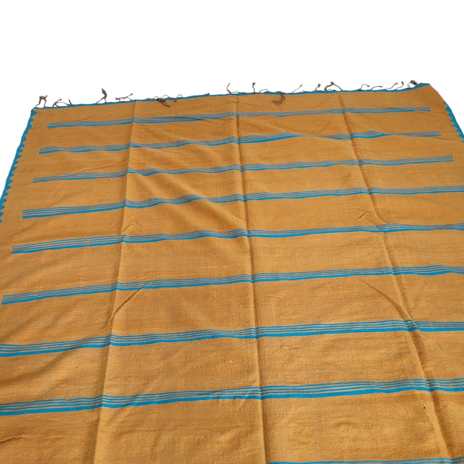Vibrant Handmade Moroccan Orange Rug Blue Stripe Fringe Berber Wool Carpet 11×6