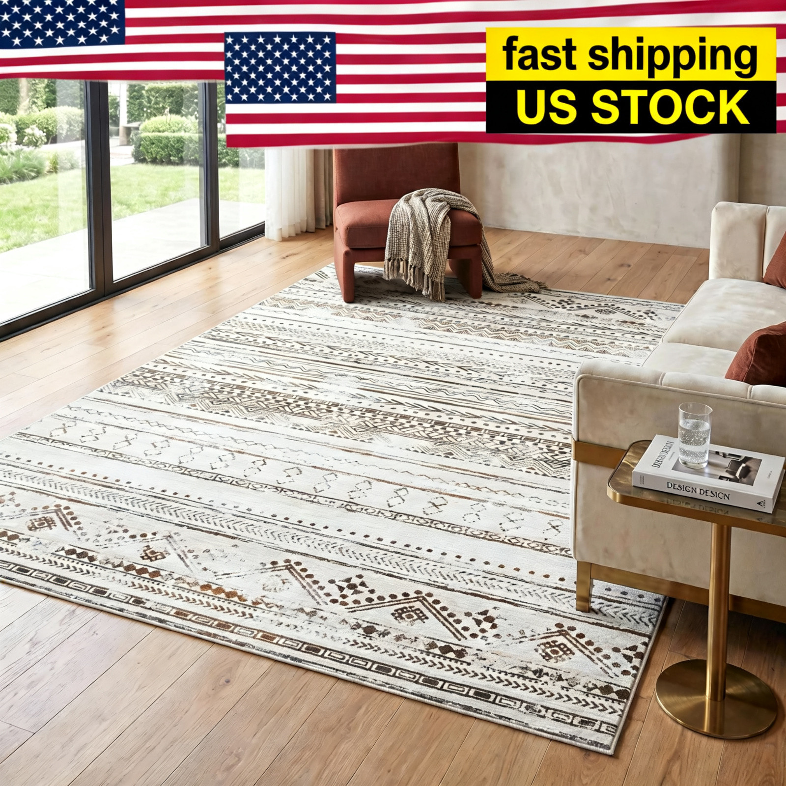 9×12 Washable Rug Modern Boho Wave Farmhouse Design Foldable Non-slip Large Area