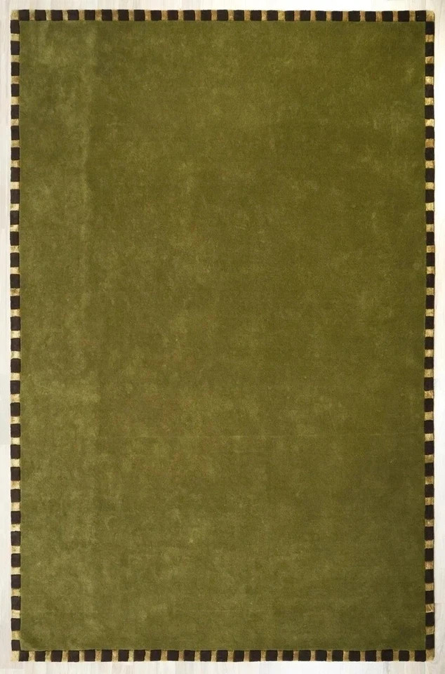 Hand Tufted Olive Green Wool Area Rug Modern Striped Border Handmade Rug 9×12