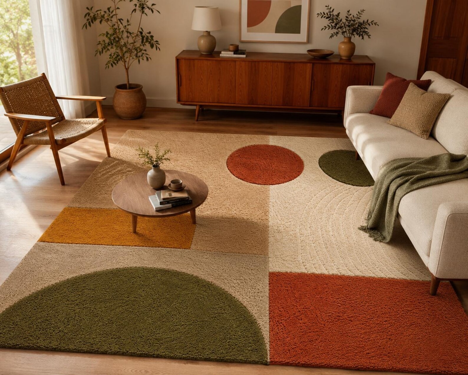 Modern Geometric Wool Rug, 8×10 Hand Tufted Abstract Area Rug, Olive Green Rust