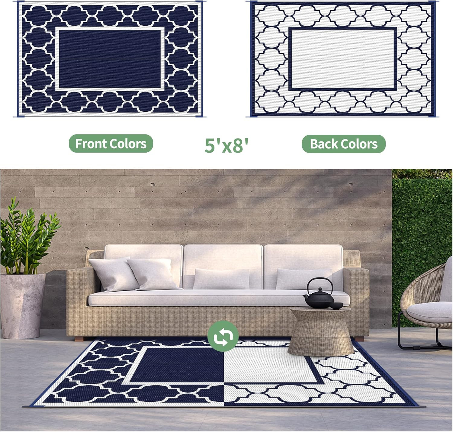 5×8 Outdoor Rug Waterproof Reversible Patio RV Camping Deck Picnic Blue White