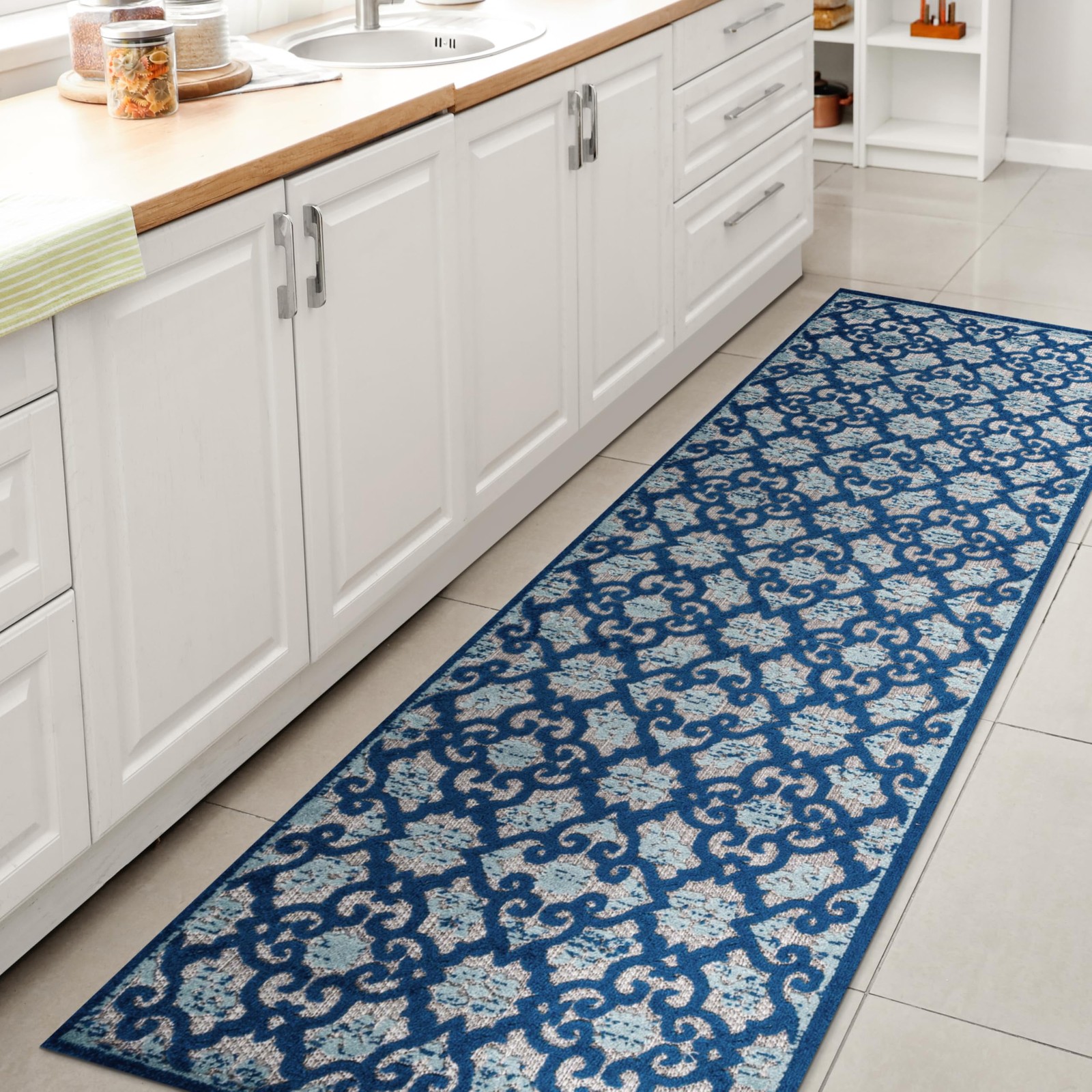 Tile Trellis Indoor Outdoor Runner Rug 2X10 Light Gray/Blue, Gallia High-Low …