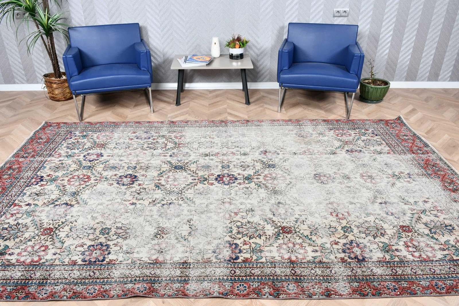 6,4×10,9 ft Vintage Rug, Turkish Large Rug, White Blue Floral Wool Rug