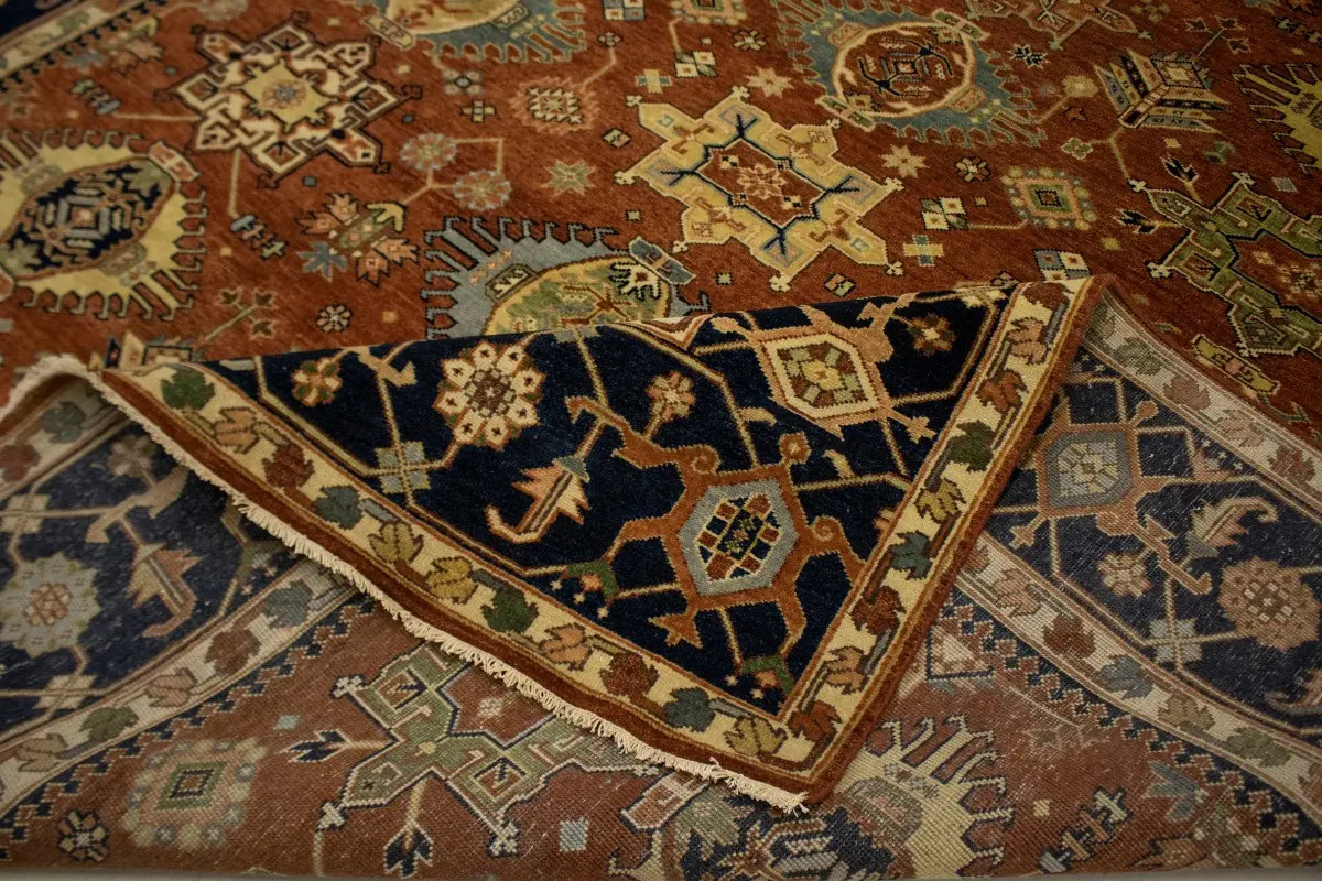 Hand-Knotted Farmhouse Oriental Rug 9X12 Rust Tribal Design Indo-Karajeh Carpet
