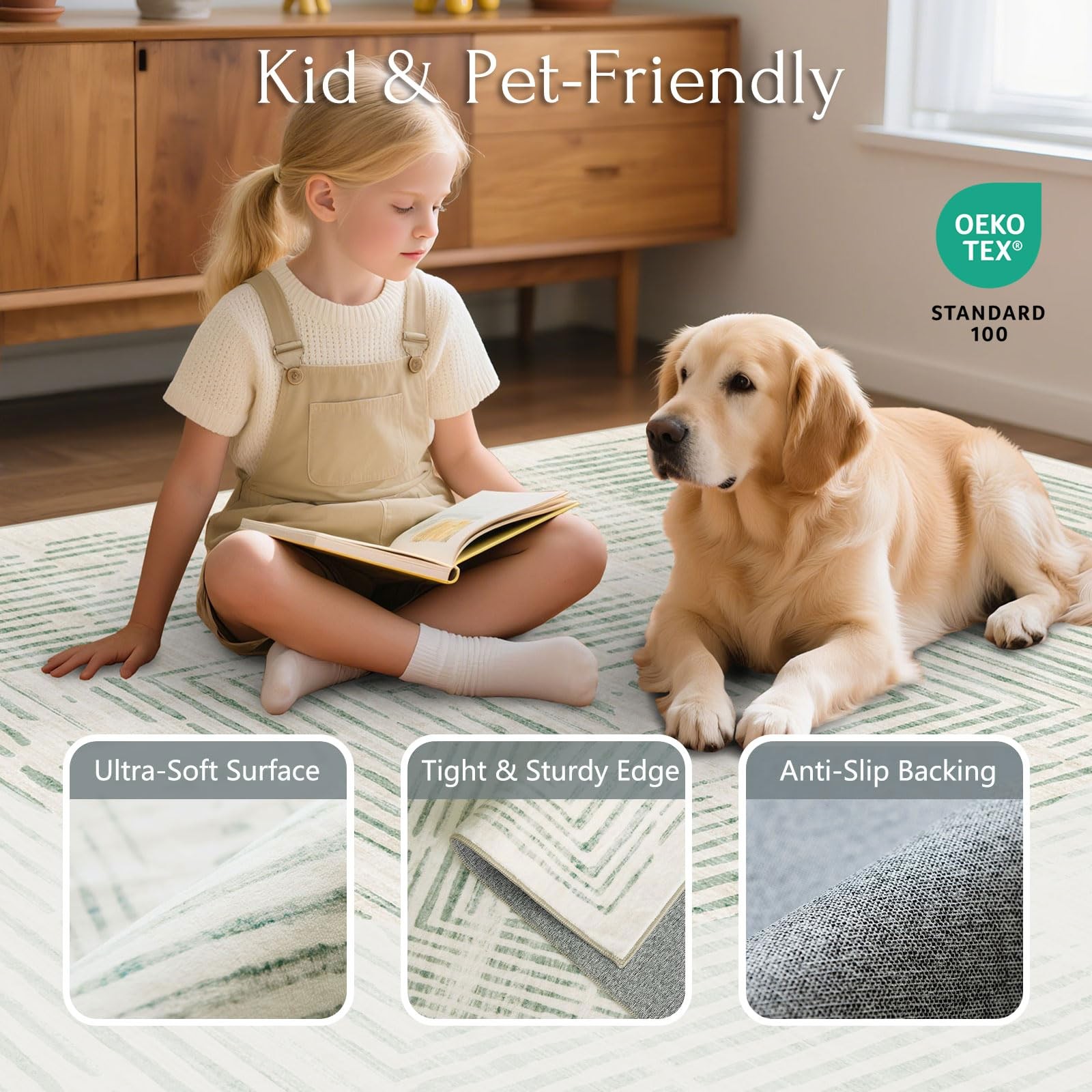 Blissa 8X10 Area Rugs For – Washable Geometric Sage Green Lines
