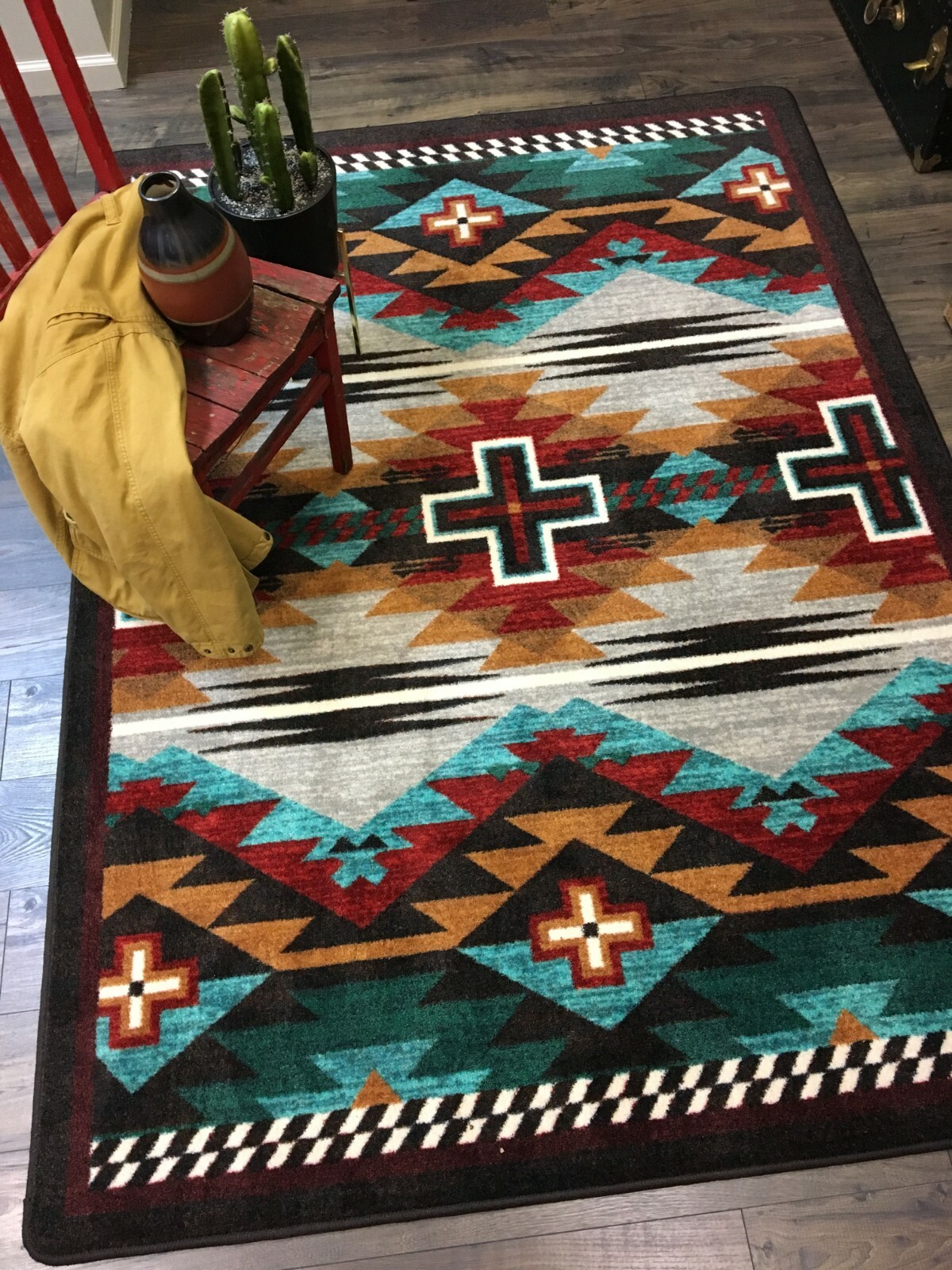 Rustic Cross Electric Turquoise Southwest Country Farmhouse Area Rug 4×5