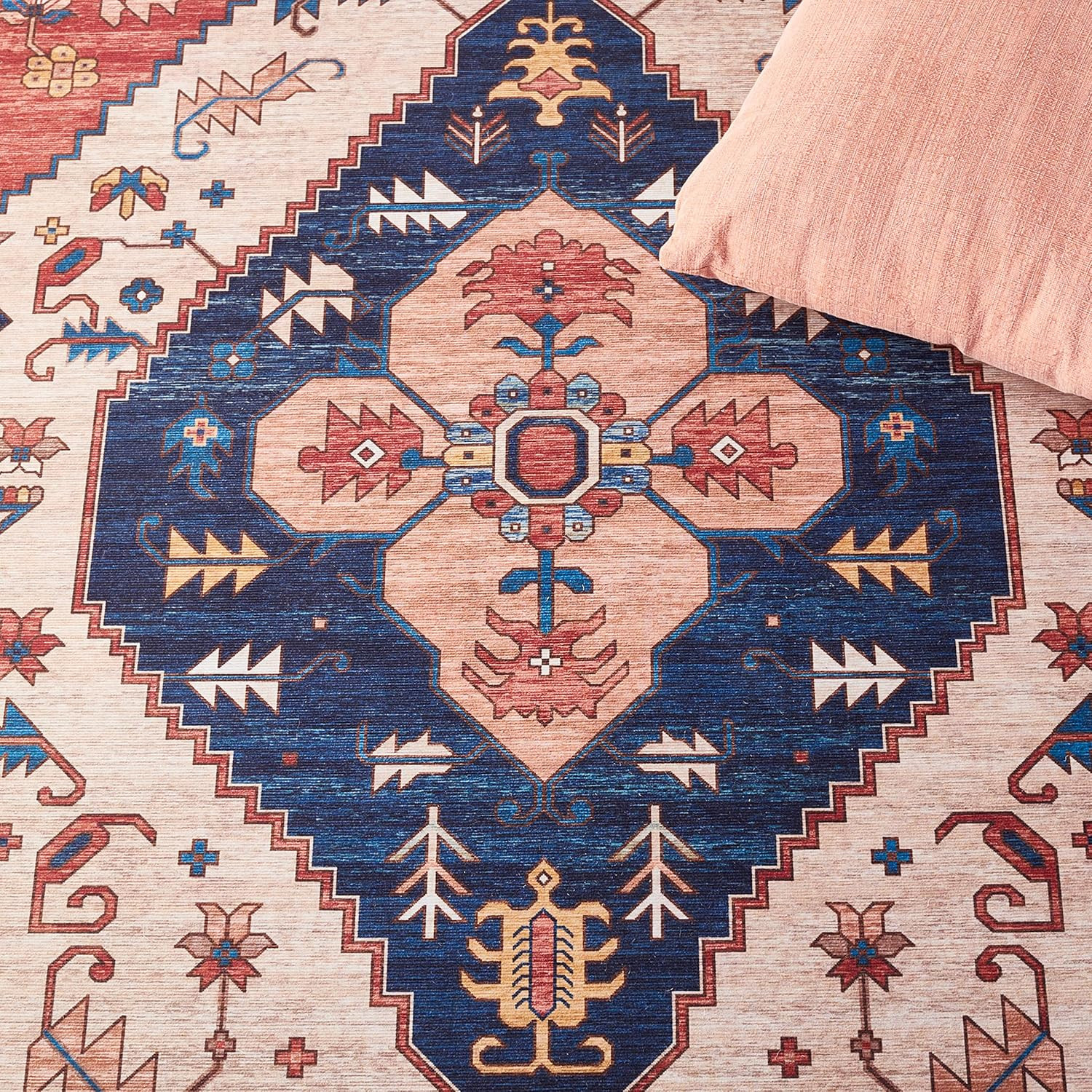Tucson Washable Rug 6′ Square – Rust & Blue, Slip Resistant, Easy Care