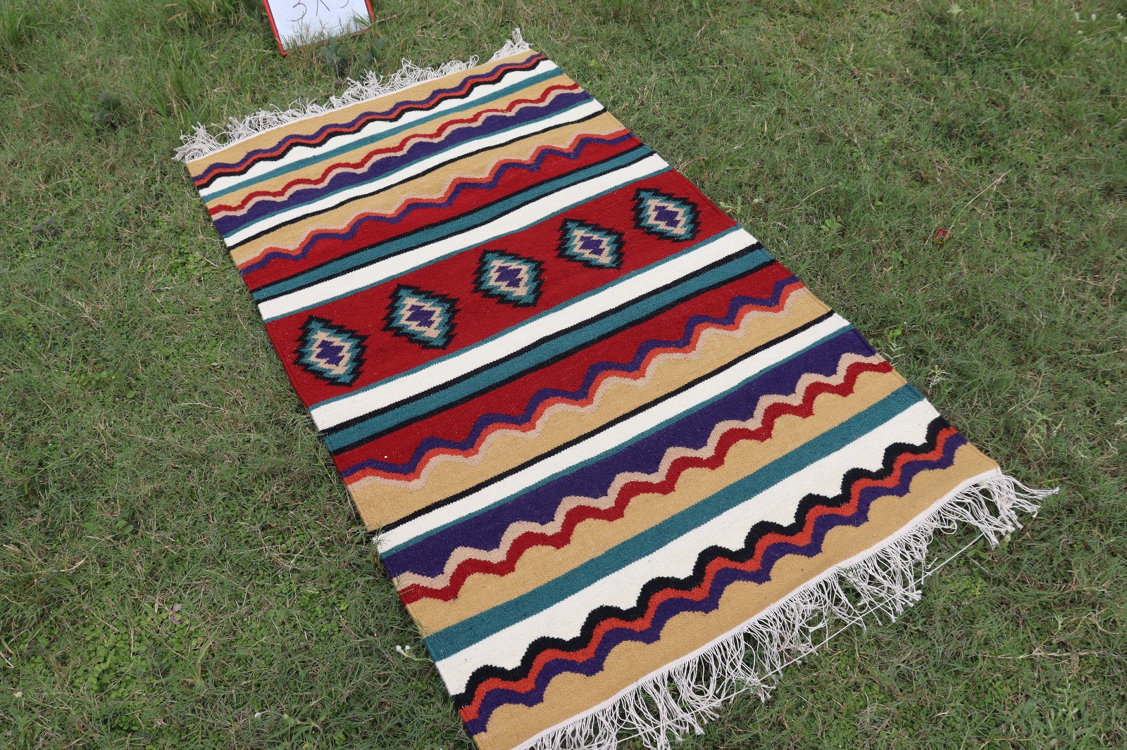 Handwoven Serape Kilim Rug 3×5 Multicolor Striped Southwestern Wool Flatweave
