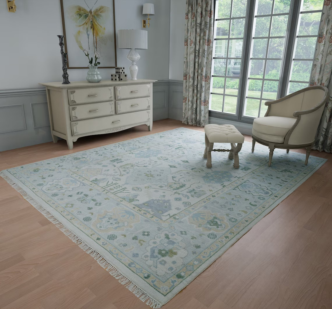 9’X12′ Cloud white Hand Knotted Wool Rug | Accent-Blue Green Beige Geometrical
