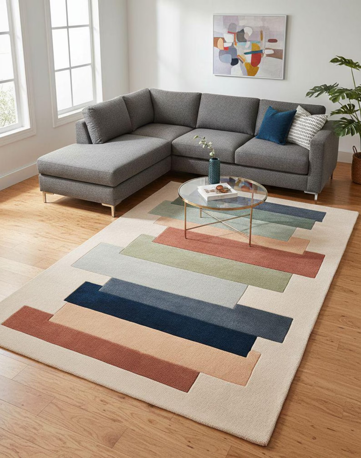 Hand Tufted Geometric Wool Rug, Scandinavian Abstract Living Room Carpet