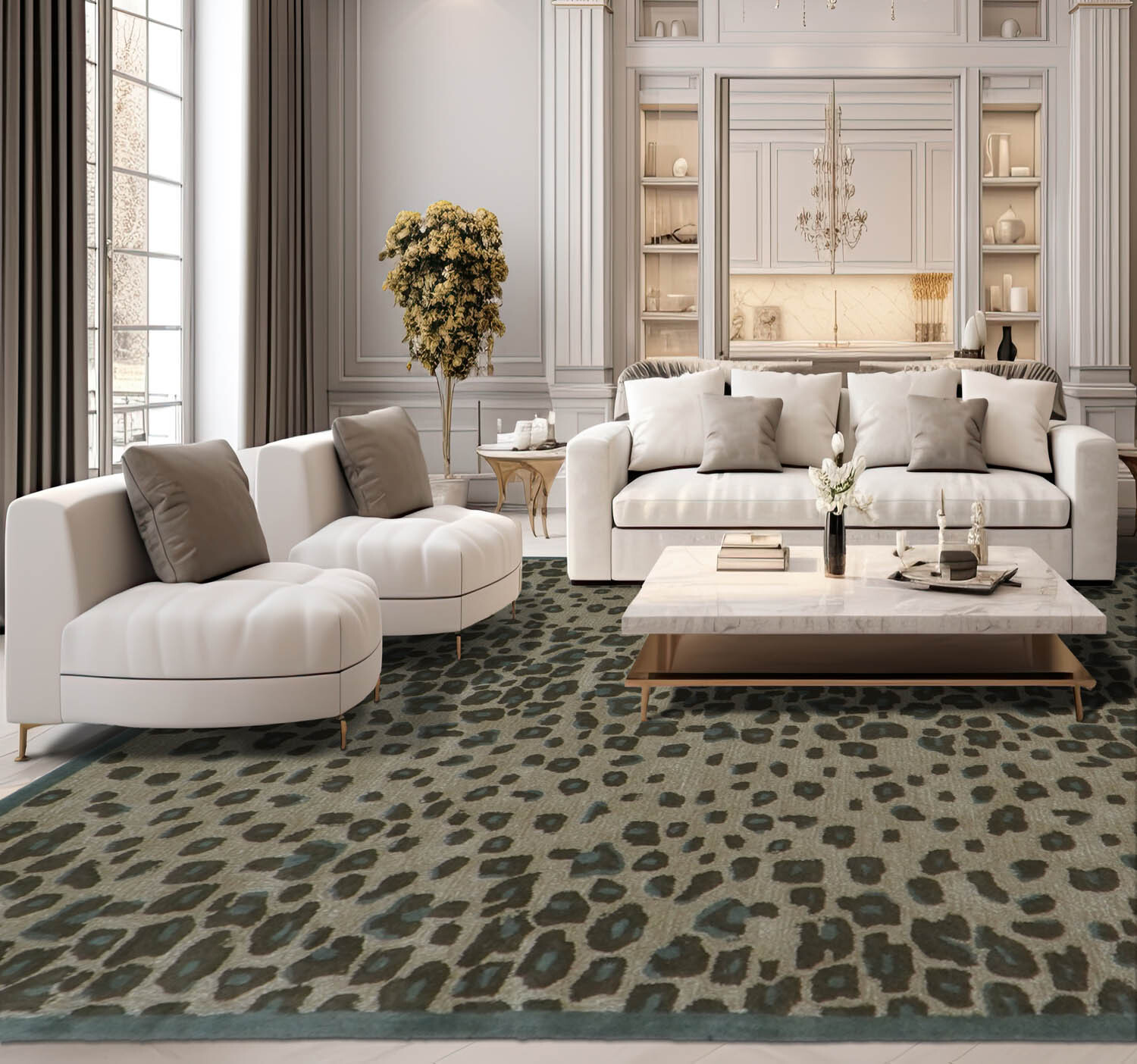 7’8″x10′ Beige Hand Tufted Animal Print Wool & Bamboo Silk Area Rug
