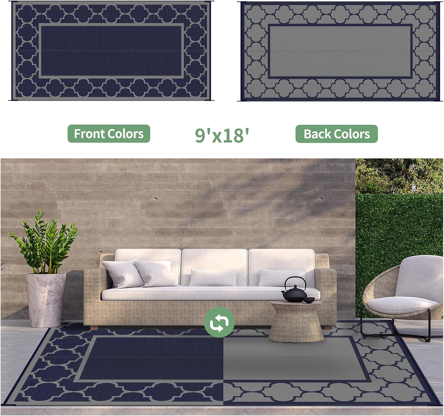 9′ x 18′ Outdoor Rug Waterproof Patio Decor Foldable Reversible Plastic Straw