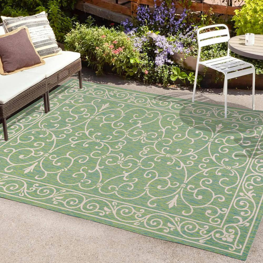 Charleston Vintage Filigree Textured Weave Green/Ivory 5 Ft. X 8 Ft. Indoor/Outd