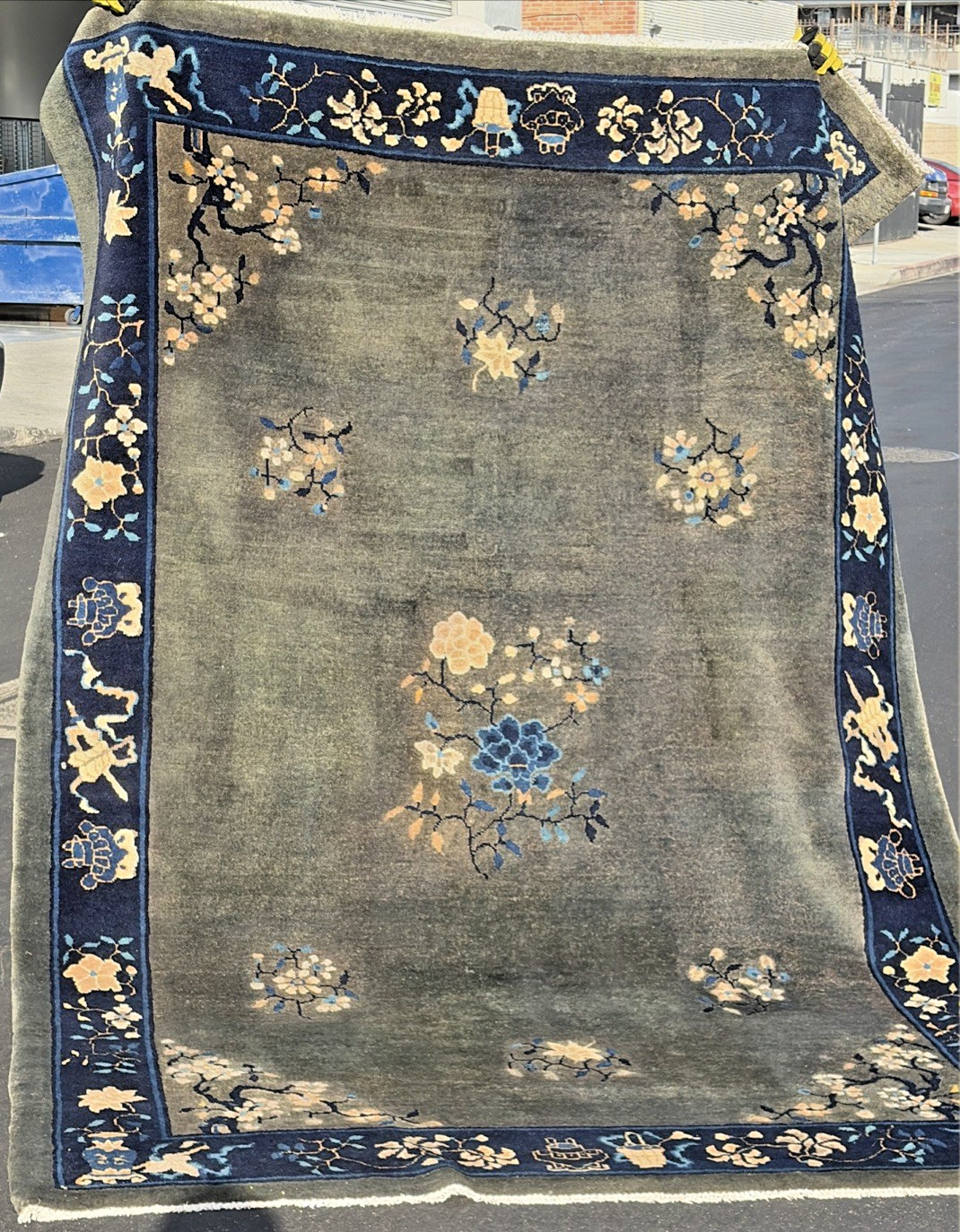 Auth: Antique Art Deco Chinese Rug Plush Green Wool Beauty 6×9