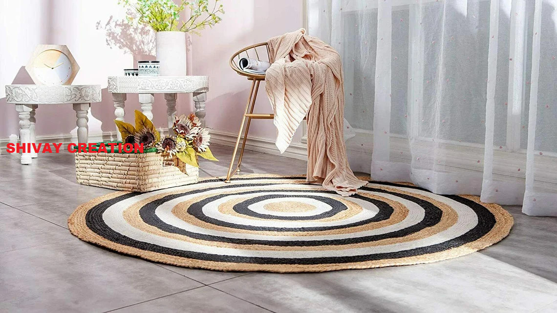 Rug 100% Natural Jute Reversible Round Rug Braided Style Modern Living Area Rug