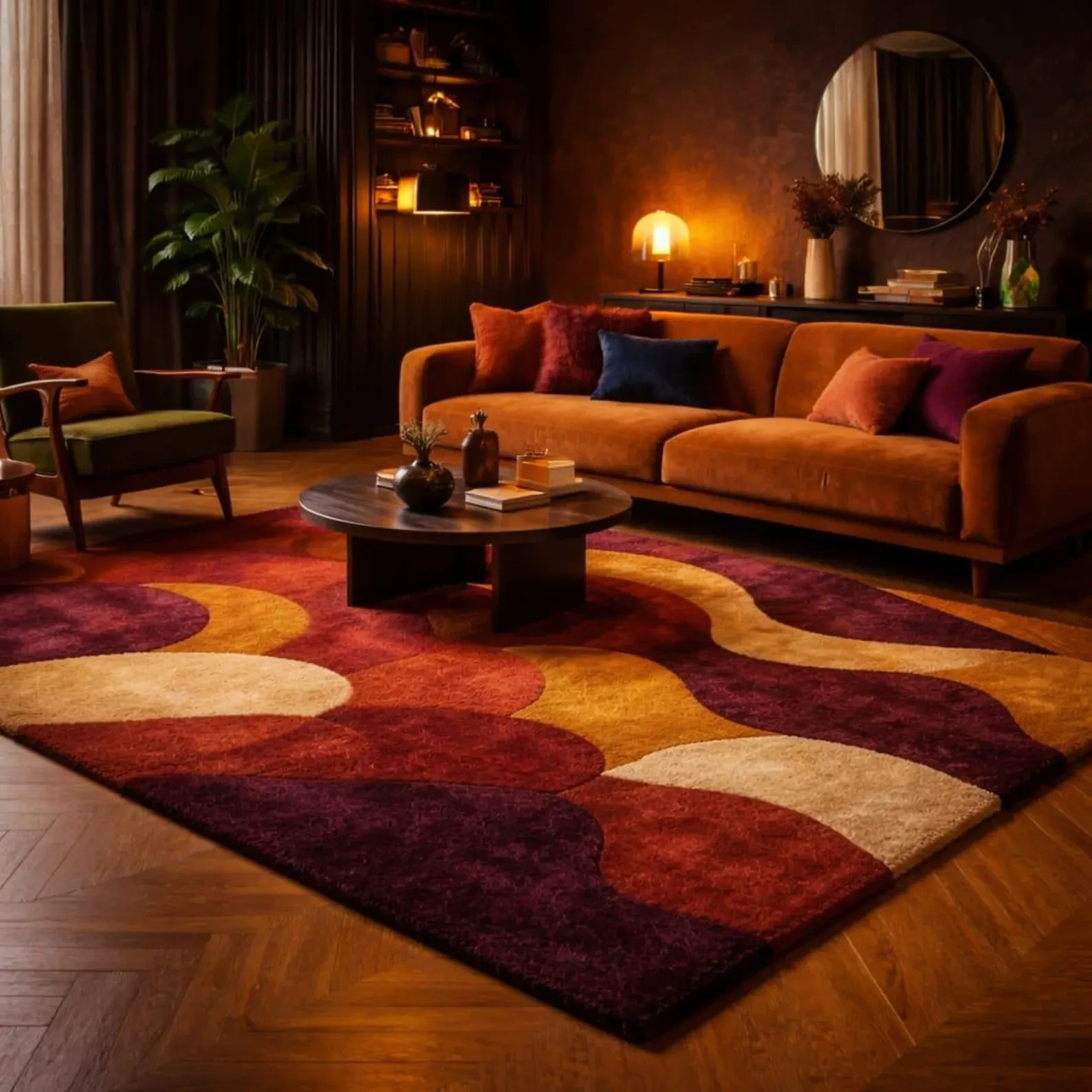 New Modern Patchwork Area Rug – Hand Tufted 70s Geometric Brunt Carpet