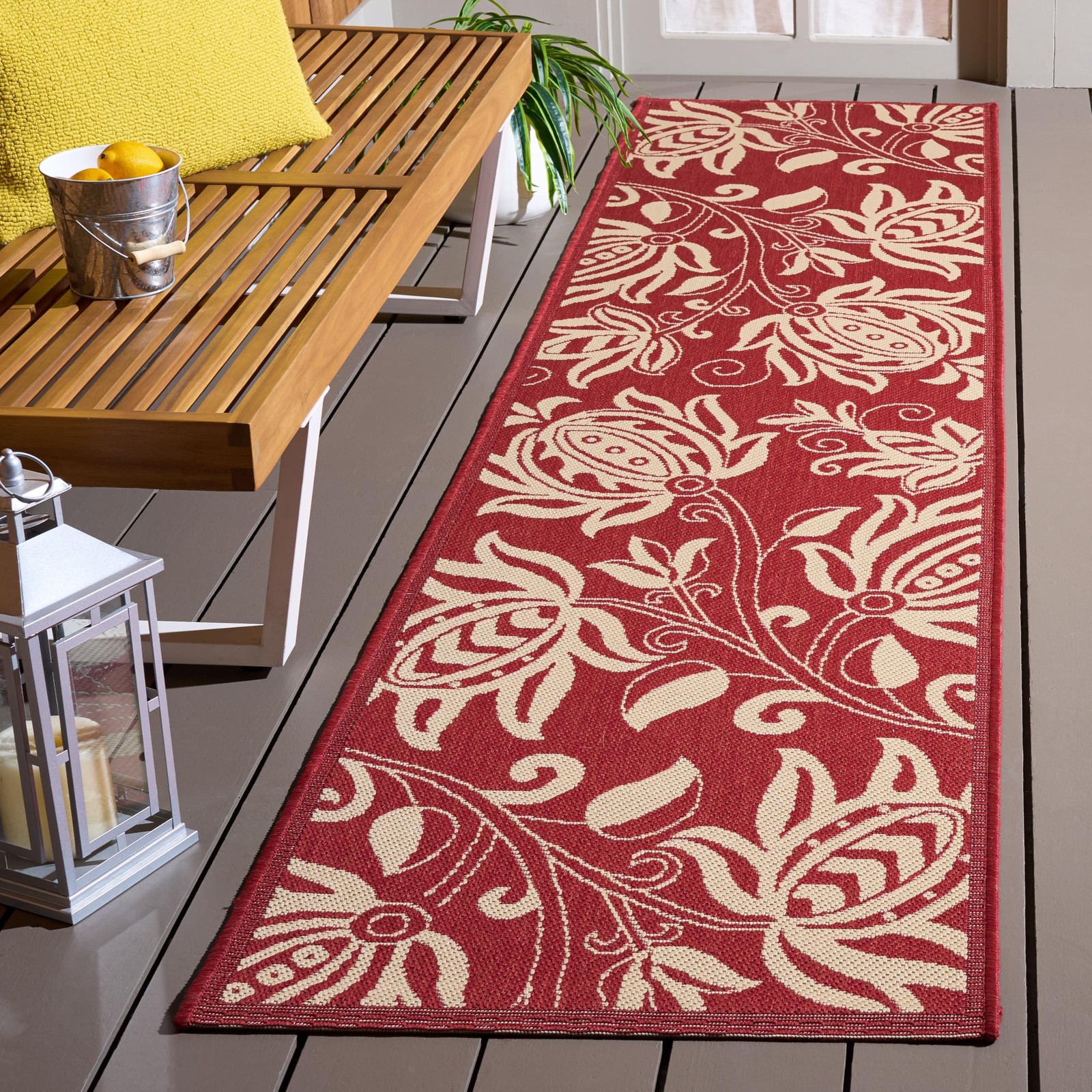 Washable Rug Outdoor Courtyard Collection – 2’3″ x 6’7″ Runner, Red & Natural…