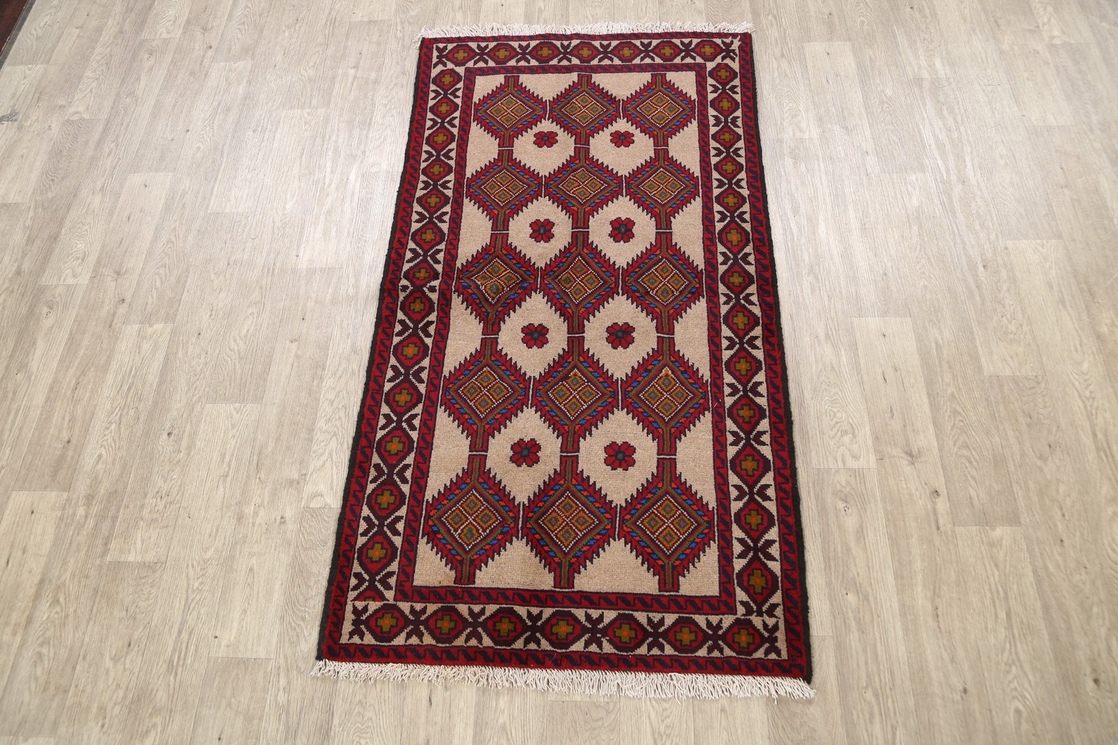 Geometric Beige Wool Handmade Rug 3×6 Tribal Oriental Foyer Carpet