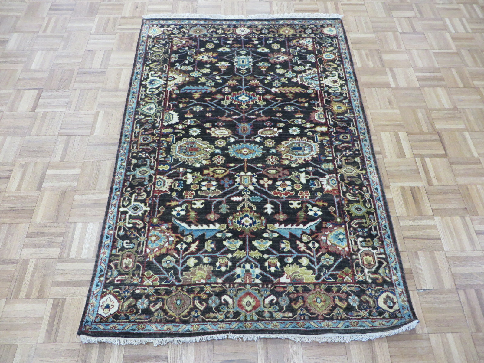 3’11 x 5’10 Hand Knotted Charcoal Black Antiqued Serapi Fine Oriental Rug G8255