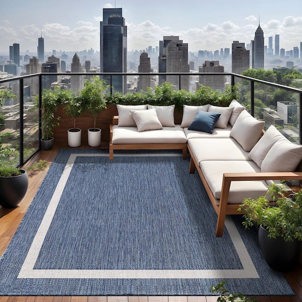 Beverly Rug 9 X 12 Blue White Waikiki Modern Bordered Indoor Outdoor Area Rug