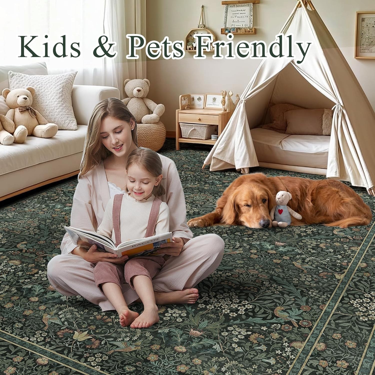 5×7 Dark Green Washable Floral Area Rug,Vintage Boho Soft Low-Pile Living Room