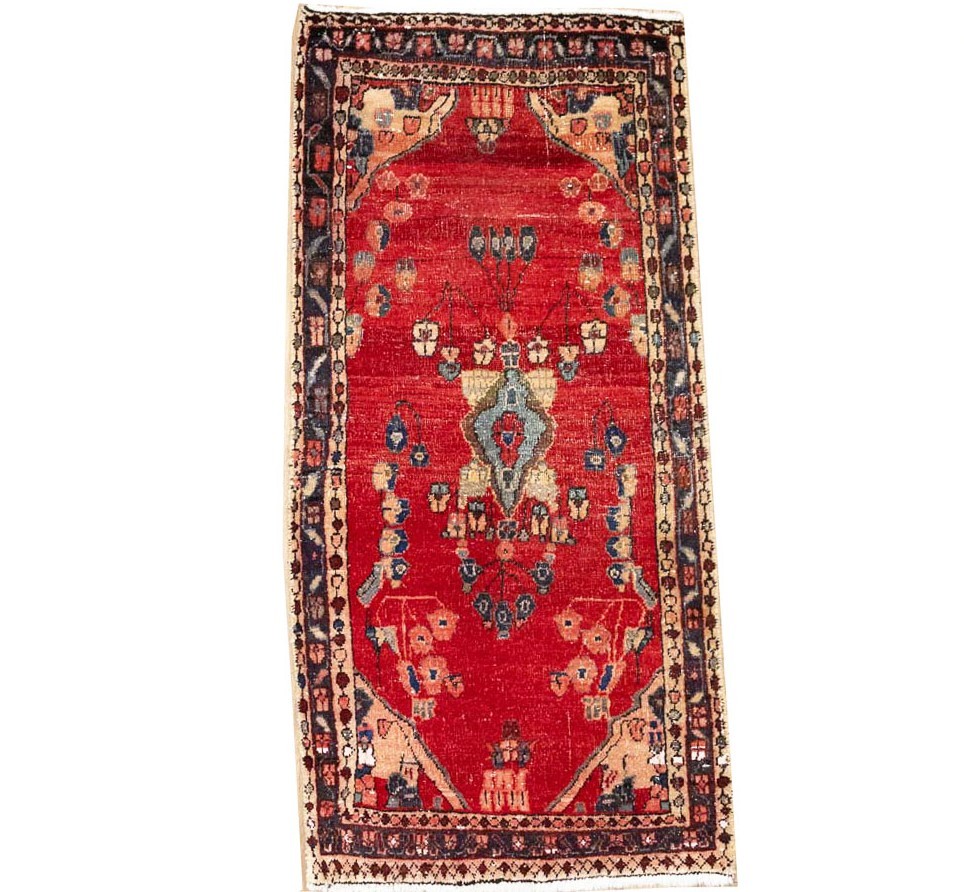 Semi-Antique Red Oriental Wool Rug Distressed Small Entryway Carpet 2’1×4’4 Ft