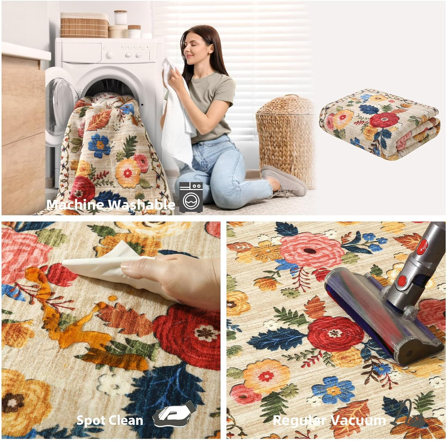 8X10 Area Rugs for Living Room: Washable Rug Non Slip Low Pile Soft Faux Wool No
