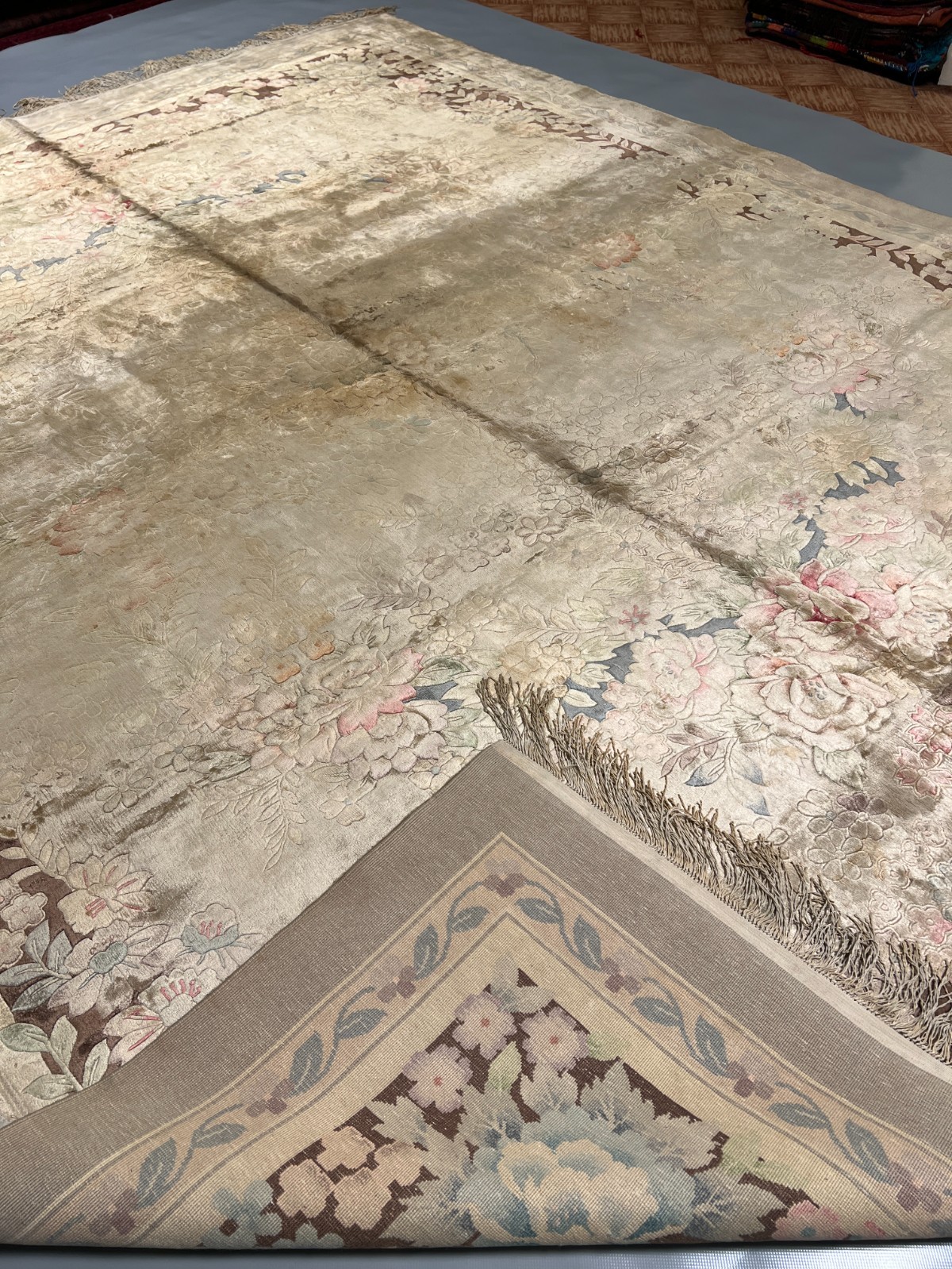 8×10 Luxury Chinese Floral Silk Rug Vintage Beige Ivory Art Deco Style Handmade.