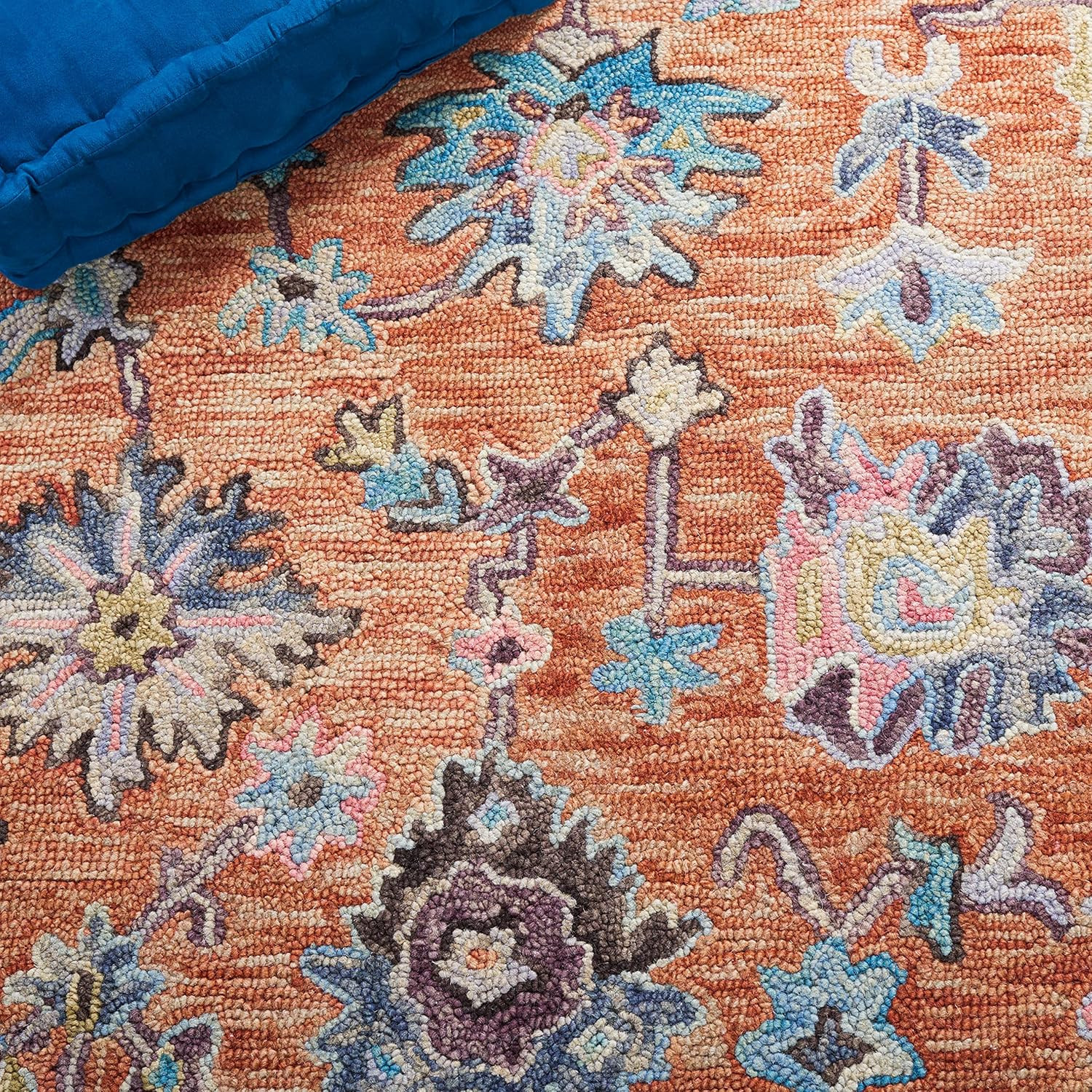 Rust & Blue Floral Area Rug – 6′ Square, Handmade Wool for High Traffic Areas