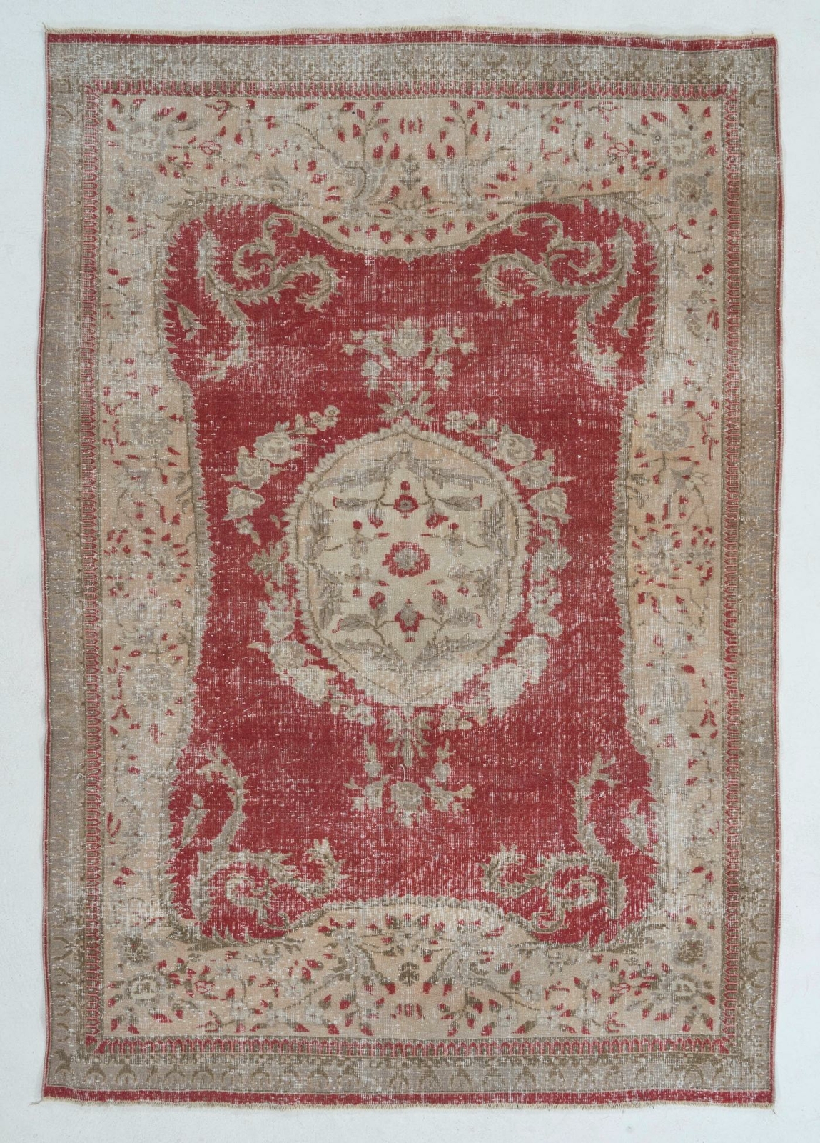 6.5×9.5 Ft Vintage European Rug in Red, Beige and Brown Colors