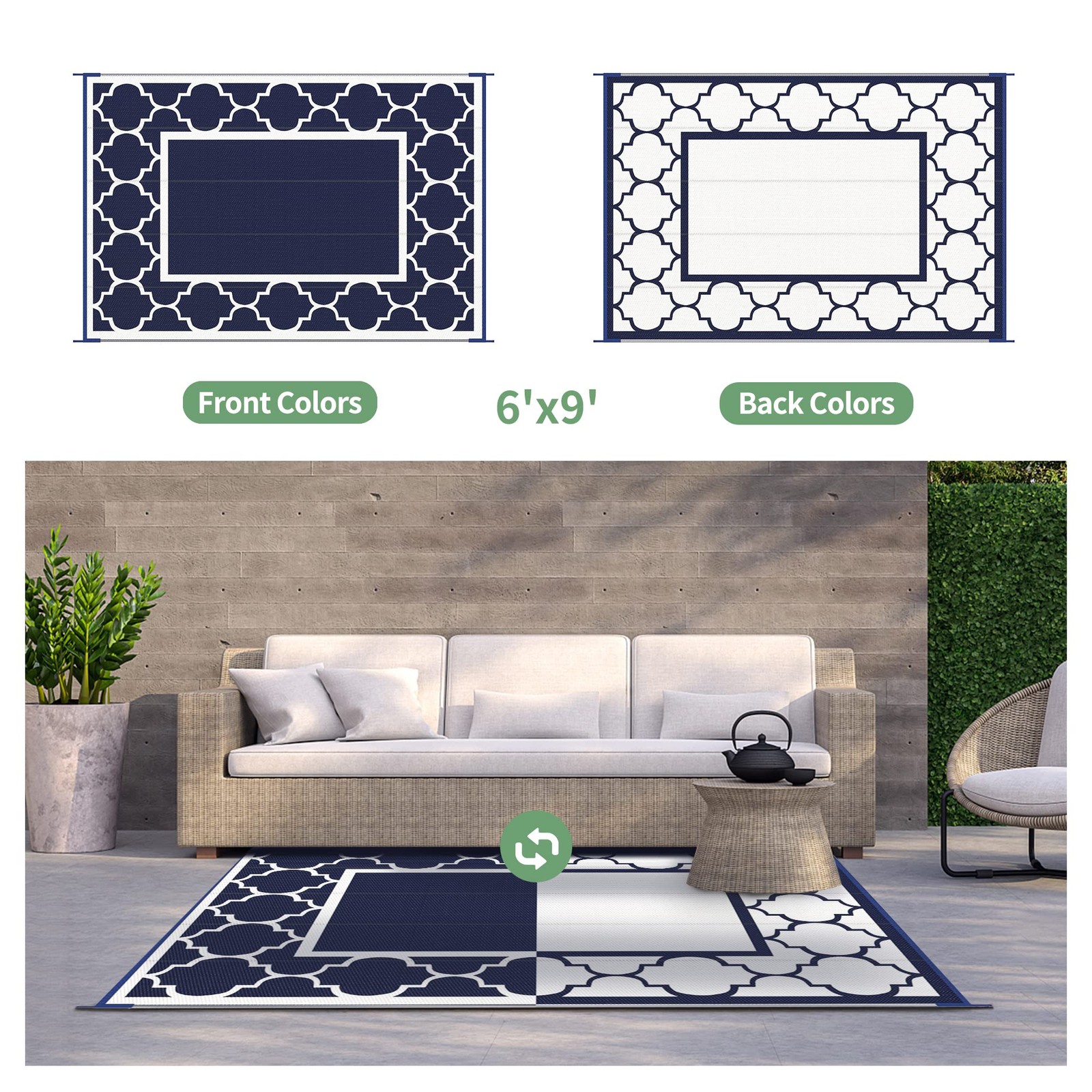 GENIMO 6′ x 9′ Outdoor Rug Waterproof for Patio Decor, Foldable Reversible Pl