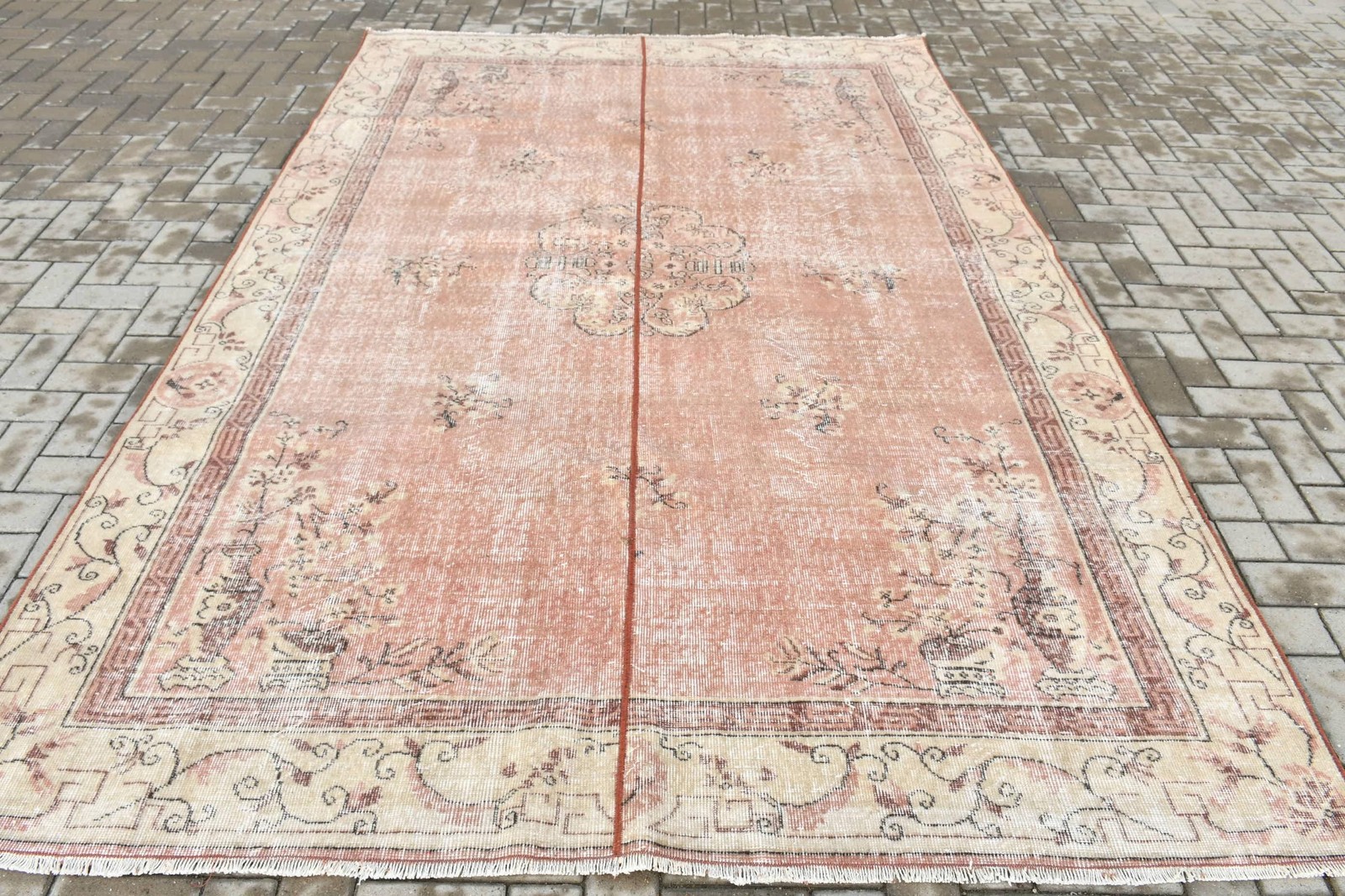 Turkish Vintage Large Rug 6,8×10,2 ft, Red Brown Check Wool Rug