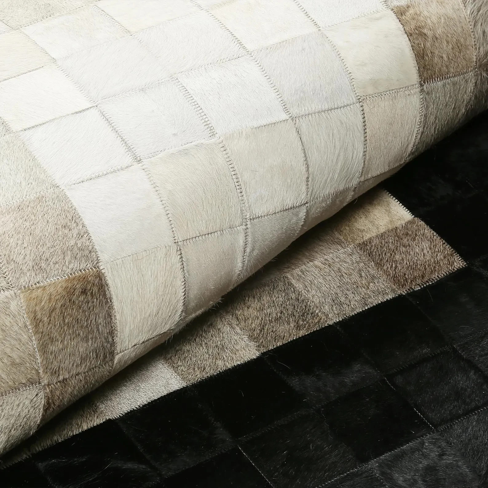 Luxury Cowhide Leather Patchwork Rug Handmade Black Border Ivory Center Area Rug